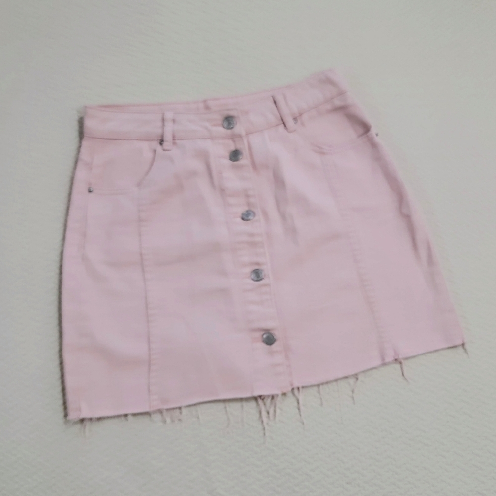Blue Blush Light Pink Cotton Skirt Button Front Frayed Hem Size Medium